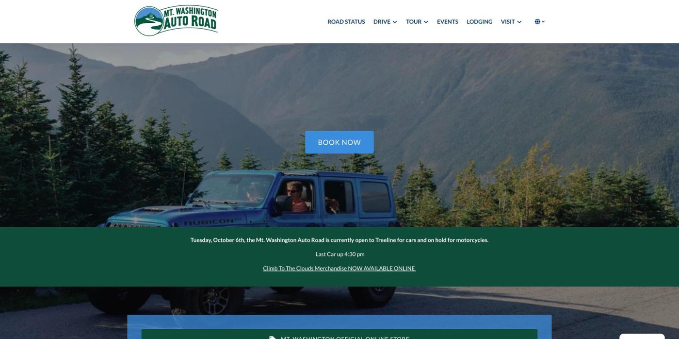 Screenshot: The Mt. Washington Auto Road homepage on a laptop screen, October 2026.